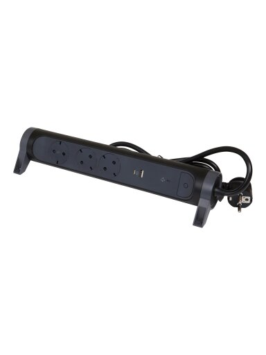 3-vietų ilgiklis su įžeminimu + USB A ir C Legrand 694512 (1.5m, su jungikliu, juodas)