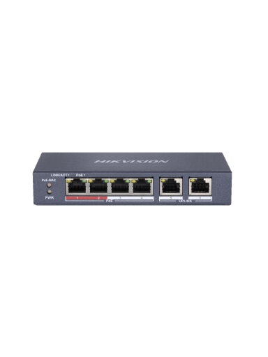 6 prievadų, 4 PoE prievadų komutatorius Hikvision DS-3E0106P-E/M