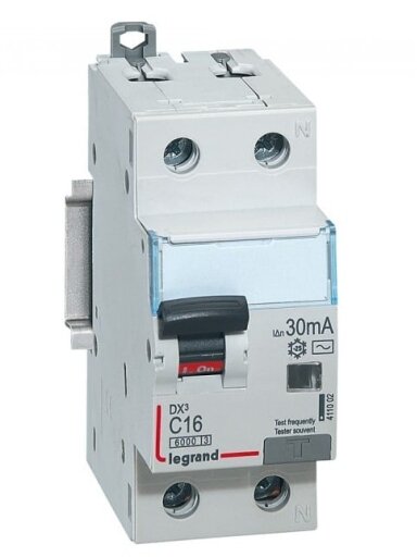 Automatinis jungiklis su srovės nuotekio rėle Legrand 411002 (16A, 1P+N, 230V, 30mA, RCBO)