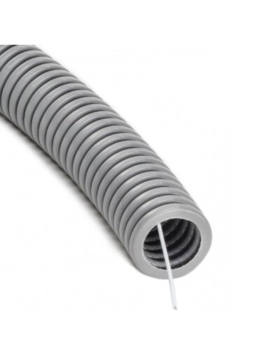 Gofruotas pilkas PVC vamzdis su viela 25mm (50m, 320 N/5 cm)