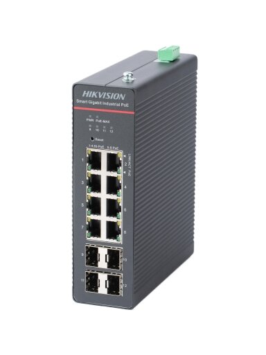 Hikvision 12 prievadų 8 PoE pramoninis valdomas komutatorius DS-3T1512HP-SI-8P4F