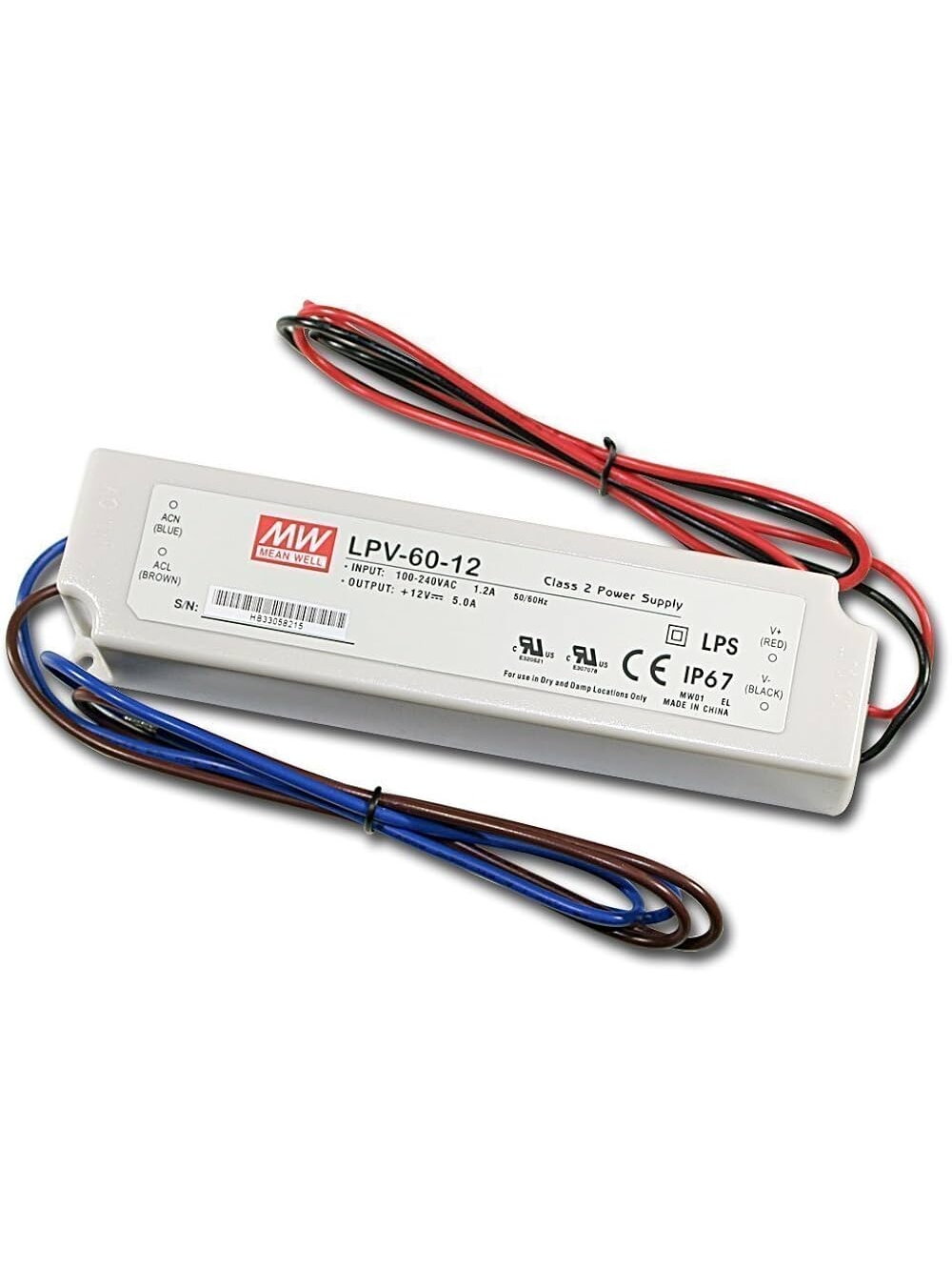Impulsinis maitinimo šaltinis LED 12V 60W 5A IP67, Mean well, LPV-60-12