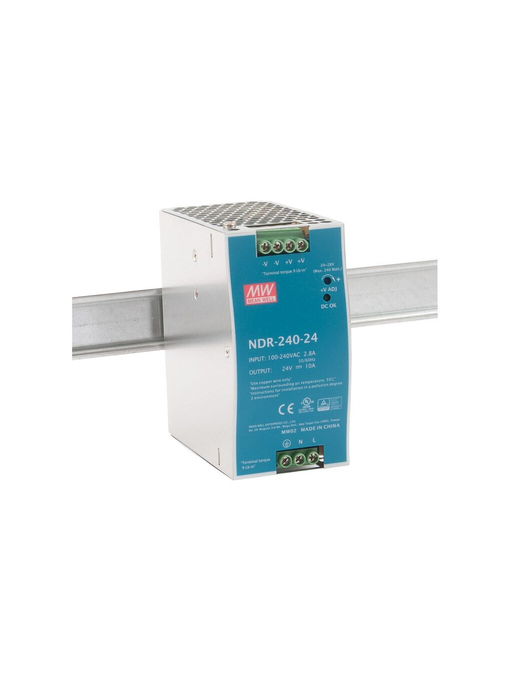 Impulsinis maitinimo šaltinis 24V 240W 10A, tvirtinamas ant DIN bėgio, MEAN WELL, NDR-240-24