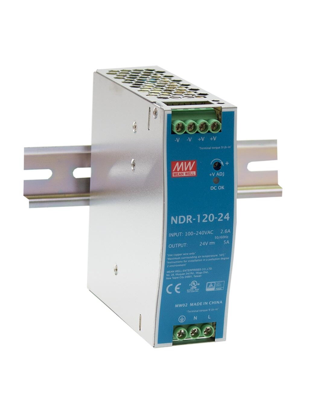 Impulsinis maitinimo šaltinis 24V 120W 5A, tvirtinamas ant DIN bėgio, MEAN WELL, NDR-120-24
