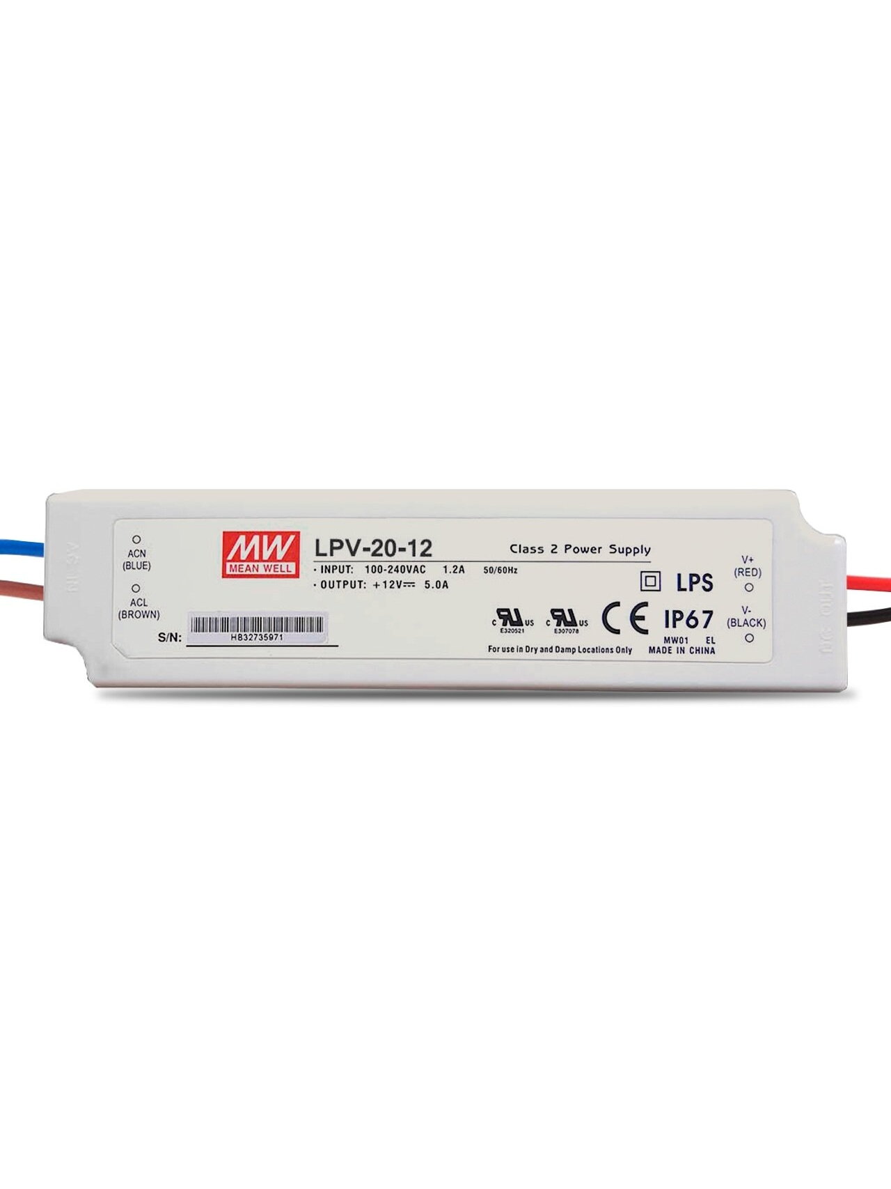 Impulsinis maitinimo šaltinis LED 12V 20W 1.67A IP67, Mean well, LPV-20-12