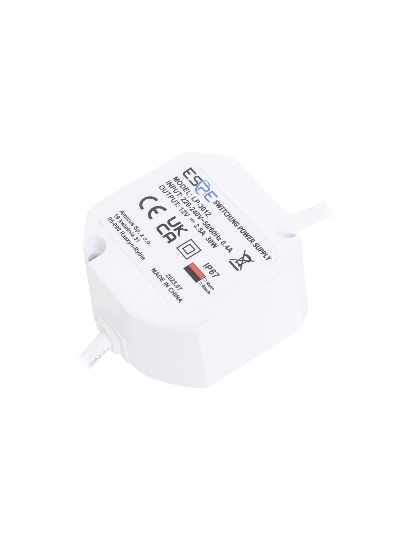 Impulsinis maitinimo šaltinis ESPE LP-3012 (30W, 2.5A/12V, hermetinis IP67, 50x47x25)