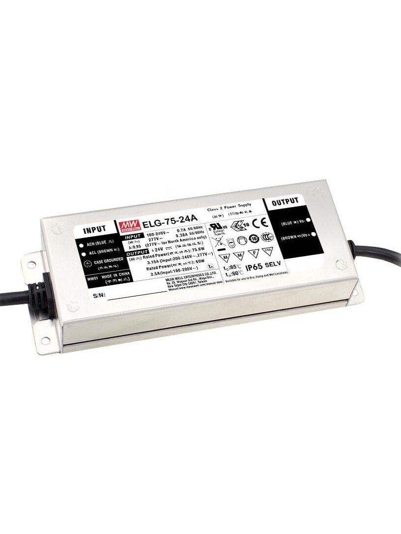 Impulsinis maitinimo šaltinis LED 24V 75W 3.15A, PFC, IP65, dimeriuojamas, MEAN WELL, ELG-75-24A-3Y