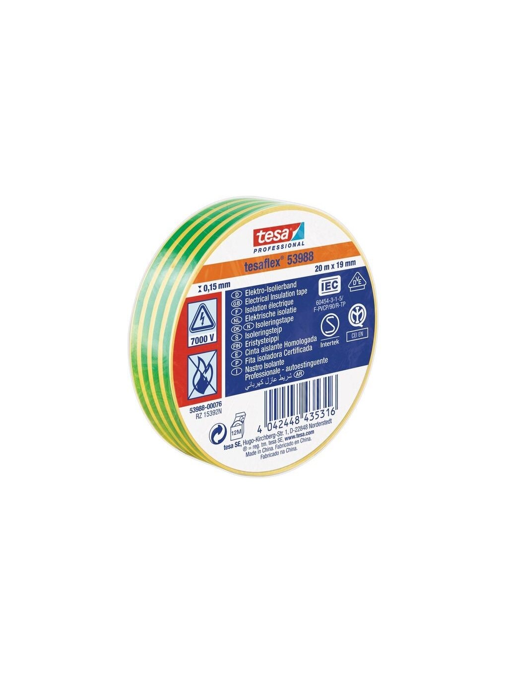 Izoliuojanti juosta TESA (geltona/žalia) 20m x 19 mm 53988-00081-00 Izoliuojanti juosta TESA (geltona/žalia) 20m x 19 mm 53988-00081-00