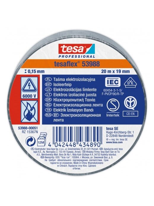 Izoliuojanti juosta TESA (pilka) 20m x 19mm 53988-00051-00 Izoliuojanti juosta TESA (pilka) 20m x 19mm 53988-00051-00