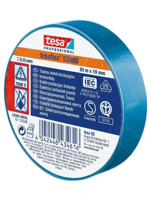 Izoliuojanti juosta TESA (mėlyna) 20m x 19mm 53988-00036-00 Izoliuojanti juosta TESA (mėlyna) 20m x 19mm 53988-00036-00
