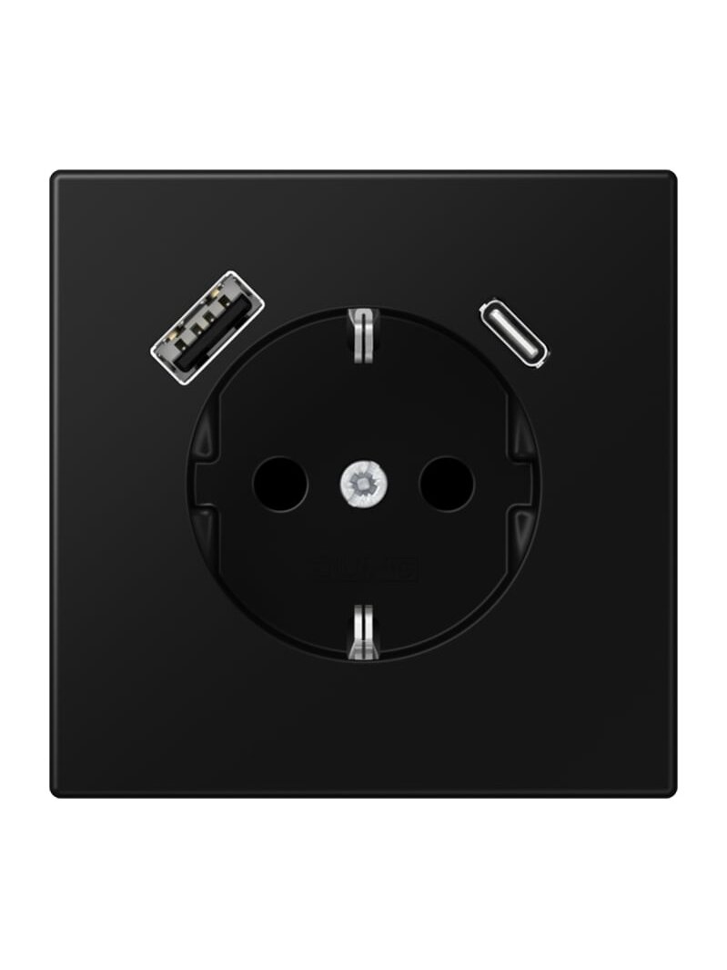 Kištukinis lizdas su USB+USB-C  JUNG LS1520-15CASWM (juodas, matinis, 16A/250V)