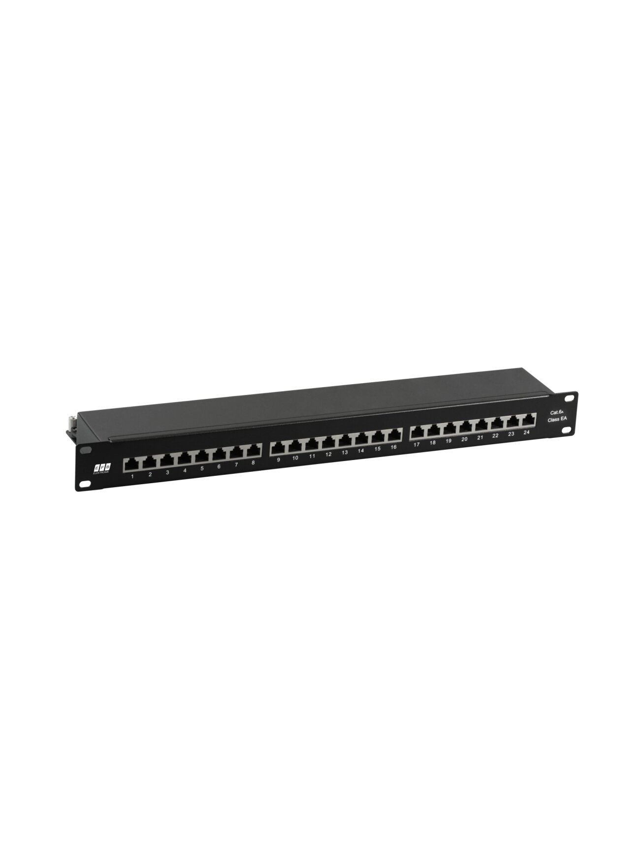 Komutacinė panelė 19" EFB 37666SW.1M (Juoda, Cat6A STP, 24 prievadai, 10G, 1U)