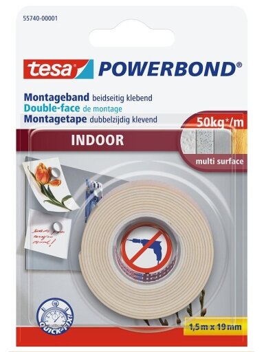 Lipni dvipusė juosta vidaus darbams TESA POWERBOND 1.5m x 19mm 55740-00004-04
