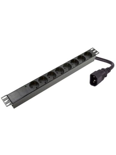 Maitinimo panelė spintai 19" (8x220V Schuko, įeinanti jungtis C14, plastikinis korpusas, 2m kabelis)