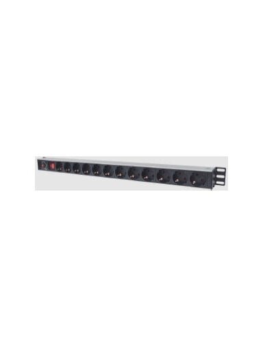 Maitinimo panelė vertikali 19'' spintai LK-BL-G10O12S (12x240V Schuko, su jungikliu, 1.8m, aliuminis korpusas)