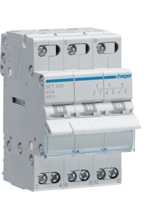 Modulinis jungiklis Hager SFT340 (3P, 40A, AC, 3 padėčių, 230V) Modulinis jungiklis Hager SFT340 (3P, 40A, AC, 3 padėčių, 230V)