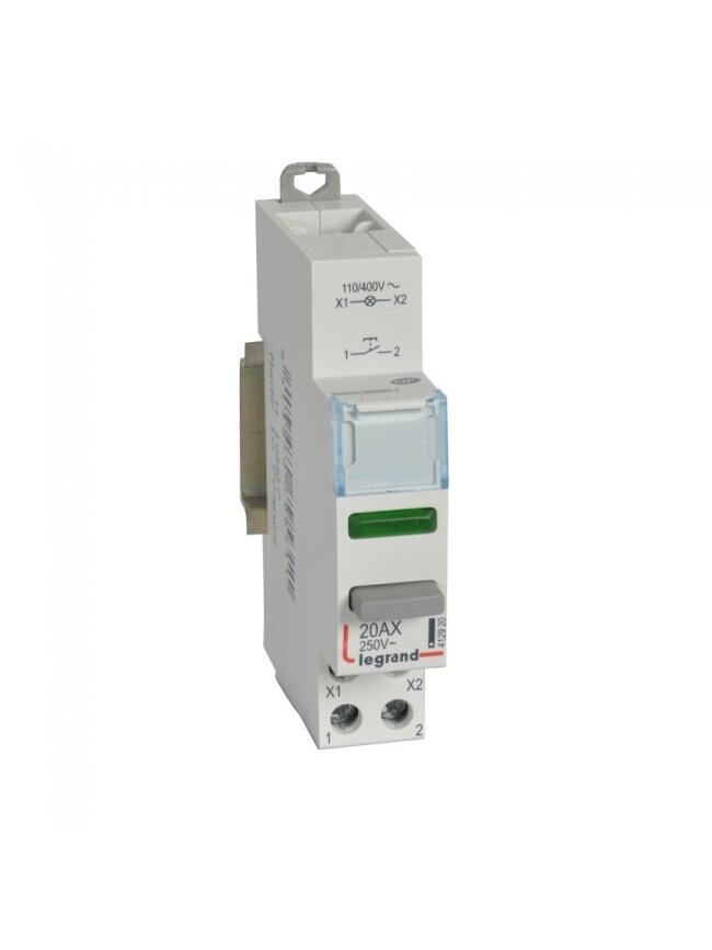 Mygtukas ant DIN bėgelio su indikacijos lempute Legrand 412920 (20A 100V/1 x N0 kontaktas)
