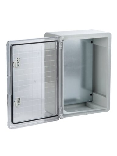 Plastikinė dėžė Plastim PP3014 (400x300x170, su skaidriomis durelėmis, pilka, IP65, IK08)