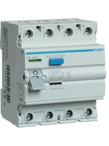 Srovės nuotekio relė Hager CD463J (AC, 63A, 4P, 30mA, 400V)