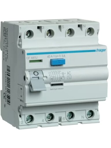 Srovės nuotekio relė Hager ECF441J (40A, 4P, 300mA)