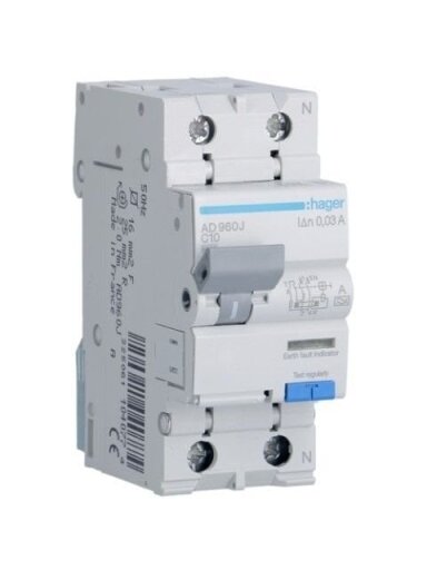 Srovės nuotėkio relė su automatiniu jungikliu Hager AD960J (2P, 10A, A tipo, 30mA, 230V)