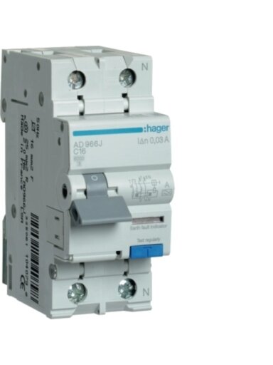 Srovės nuotėkio relė su automatiniu jungikliu Hager AD966J (2P, 16A, C, AC tipo, 1P+N, 6kA)