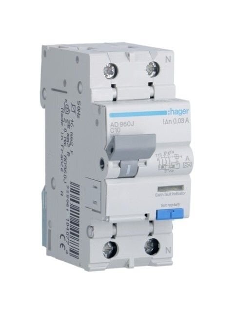 Srovės nuotėkio relė su automatiniu jungikliu Hager AD960J (2P, 10A, A tipo, 30mA, 230V)