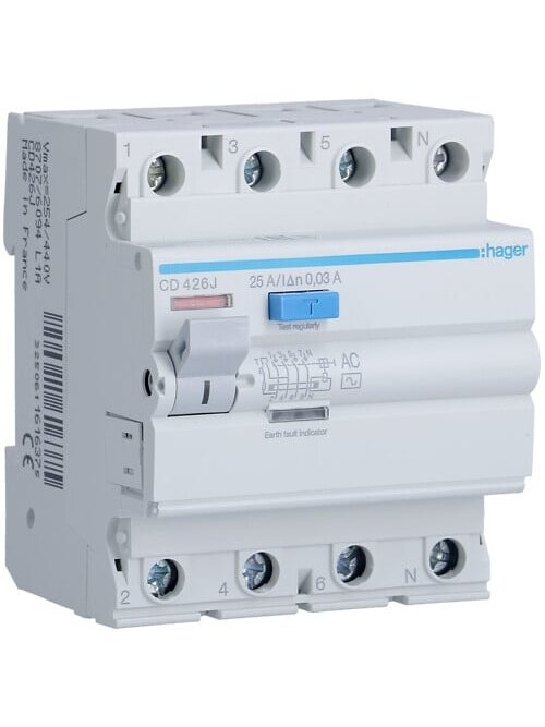 Srovės nuotekio relė Hager CD426J (AC, 25A, 4P, 30mA, 230V)