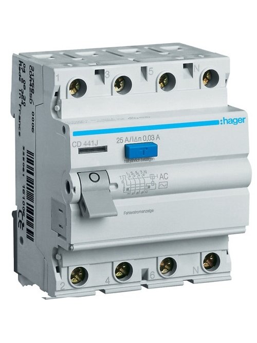 Srovės nuotekio relė Hager CD441J (AC, 40A, 4P, 30mA, 230V)