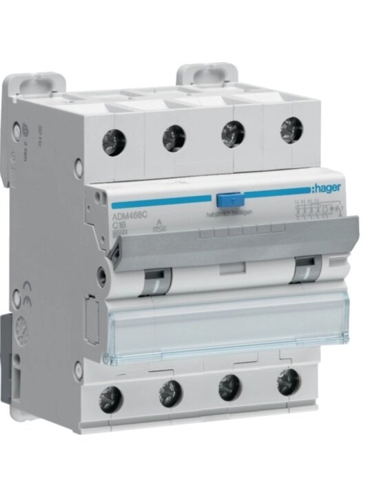 Srovės nuotėkio relė su automatiniu jungikliu Hager ADM466C (4P, 16A, C, A tipo, 30mA, 6kA) Srovės nuotėkio relė su automatiniu jungikliu Hager ADM466C (4P, 16A, C, A tipo, 30mA, 6kA)