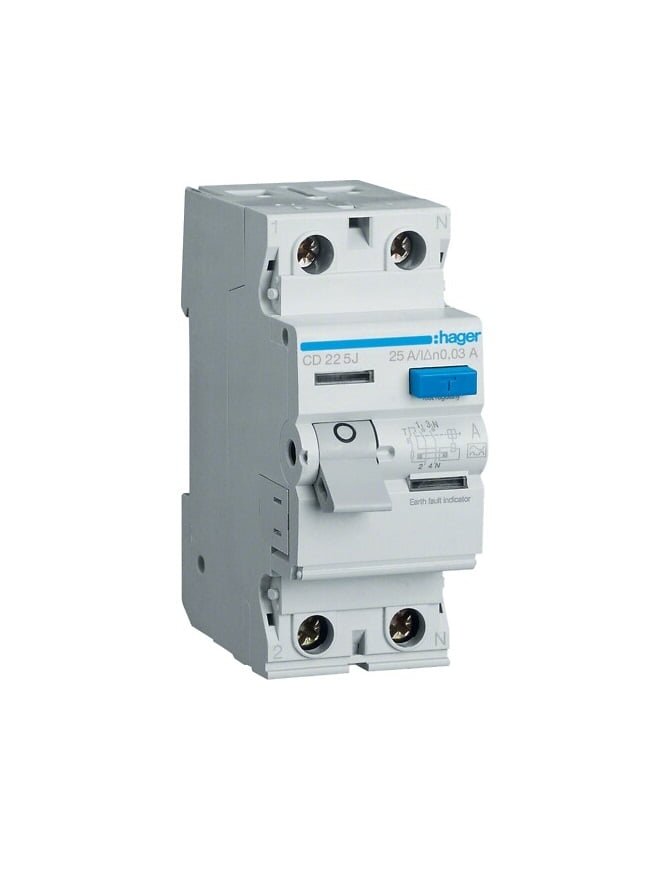 Srovės nuotekio relė Hager CD225J (A, 25A, 2P, 30mA, 230V) Srovės nuotekio relė Hager CD225J (A, 25A, 2P, 30mA, 230V)