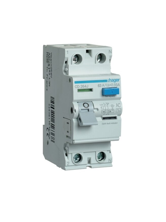 Srovės nuotekio relė Hager CD263J (AC, 63A, 2P, 30mA, 230V)