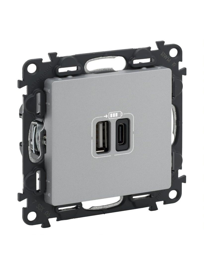 USB dvigubas C + A tipo kištukinis lizdas Valena Life Legrand 753306 (aluminio spalva)